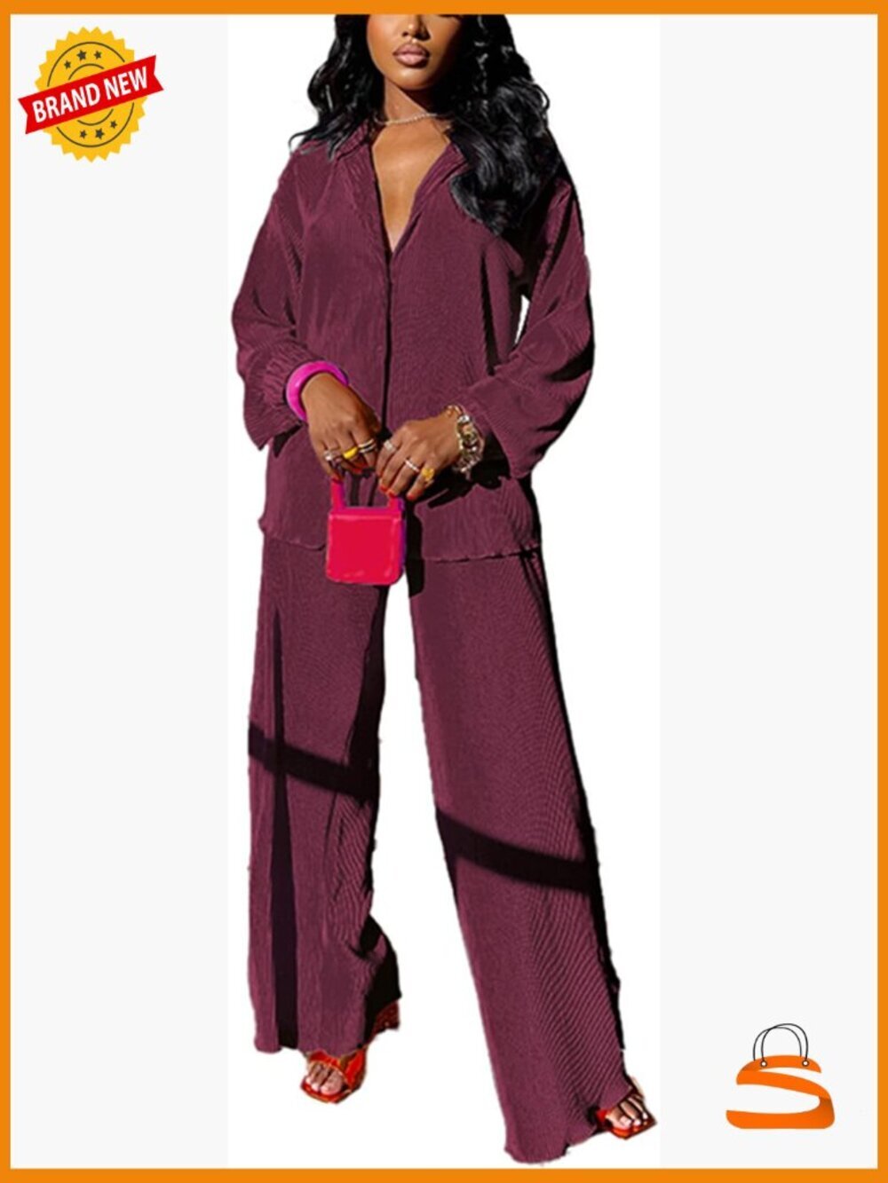 Linen 2 Piece Outfit - Long Sleeve Button Down Top + Flare Wide Leg Pants Set